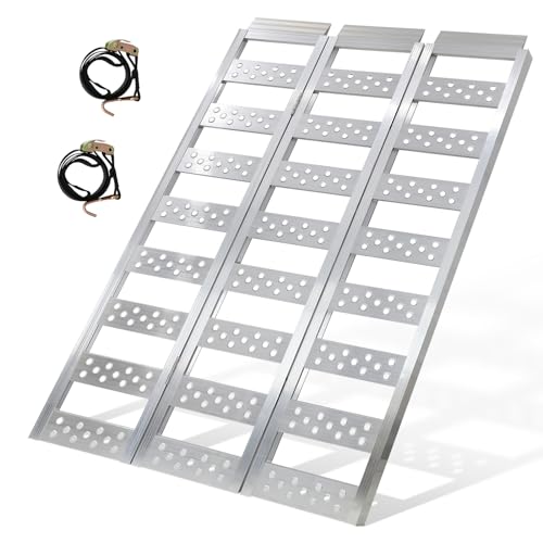Aluminum Tri-Fold Ramp with Treads, 1600 lbs Capacity/535lbs per Section, ATV Ramp with Load Straps for Motorcycles, Truck Bed, ATVS, UTVS, Trailer, Tractor,Lawnmowers, Snow Blowers