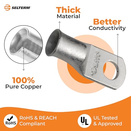 SELTERM 10pcs 1 AWG-5/16" Stud Tinned Copper Wire Lugs, Heavy Duty Cable Ends, 1 Gauge Ring Terminals, UL Battery Lugs Marine Grade Copper Eyelets Electrical Terminal Connectors - color: Tinned Copper Lugs, size: 1 Awg - 5/16" (M8) Ring