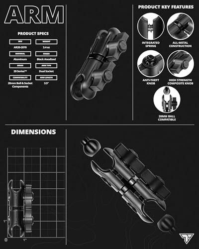 Tackform Aluminum Motorcycle Adventure Phone Holder - Vibration Dampening, Wireless Charging | Mirror Hole Mount - M10 x 1.25 Fine Threaded 20mm Ball | Compatible with iPhone, Galaxy, More | 3.5" Arm