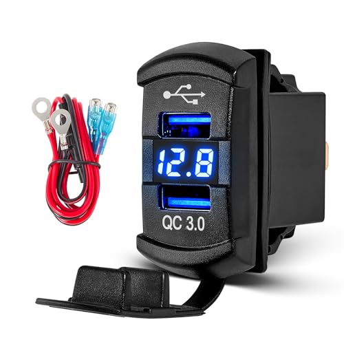 Anina QC Dual USB3.0 Car Charger Port Rocker Switch Style, 12V-24V Waterproof USB Socket with Blue LED Voltmeter, Universal Fast Charge USB Replacement for Marine Toggle Switch Panel on Boat Truck RV