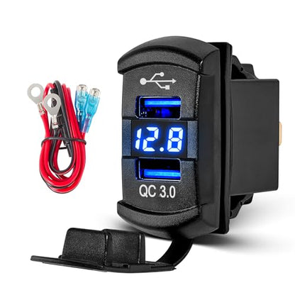 Anina QC Dual USB3.0 Car Charger Port Rocker Switch Style, 12V-24V Waterproof USB Socket with Blue LED Voltmeter, Universal Fast Charge USB Replacement for Marine Toggle Switch Panel on Boat Truck RV