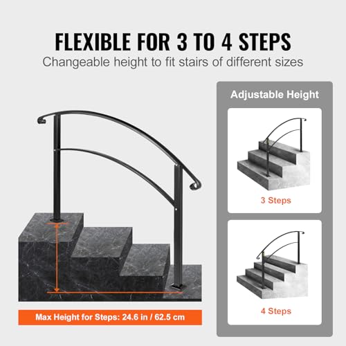 VEVOR 4-Step Handrail Fits 1 or 4 Steps Matte Black Stair Rail Wrought Iron Handrail with Installation Kit Hand Rails for Outdoor Steps - size: Black 3-4 Step, style: Style1 - Curved