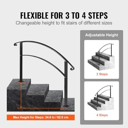 VEVOR 4-Step Handrail Fits 1 or 4 Steps Matte Black Stair Rail Wrought Iron Handrail with Installation Kit Hand Rails for Outdoor Steps - size: Black 3-4 Step, style: Style1 - Curved