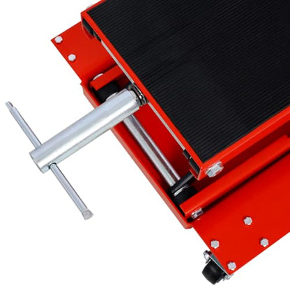1100lb Heavy-Duty Motorcycle Lift Jack with Dolly Tray, Front Rear Center Tire Wheel Engine Stand Wide Deck - Scissor Lift for Cruisers, Trikes, ATVs - Portable, Red Steel Construction