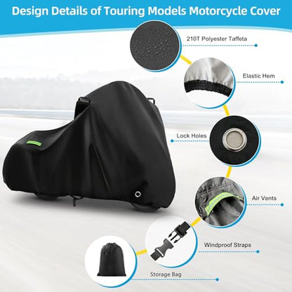 Motorcycle Cover Waterproof for Touring Models Road King/Road Glide/Street Glide/Electra Glide, Heavy Duty Sun UV Rain Snow Outdoor Protection Motorbike Cover with Soft Cotton Lining & Lock Hole - size: Touring Models