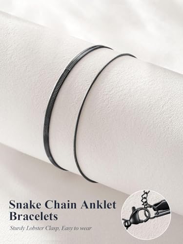 U7 Silver/Gold Ankle Bracelets for Women Layered Chain Anklets Stainless Steel Waterproof Summer Beach Anklet Cham, Adjustable 8.5"-10.5" - color: Black - Flat Snake Chain+Snake Chain
