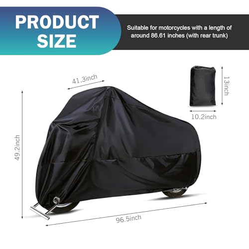 Motorcycle Cover, 190T Anti-scratch Waterproof Shield for All Seasons, Full Coverage Windproof Protector with Fixed Buckle Strap, Anti-theft Outdoor Accessory with Lock-holes (Black)
