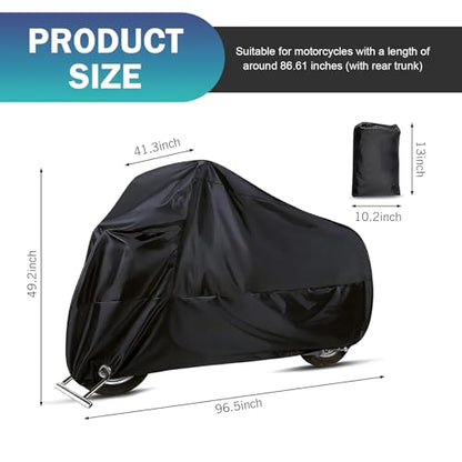 Motorcycle Cover, 190T Anti-scratch Waterproof Shield for All Seasons, Full Coverage Windproof Protector with Fixed Buckle Strap, Anti-theft Outdoor Accessory with Lock-holes (Black)
