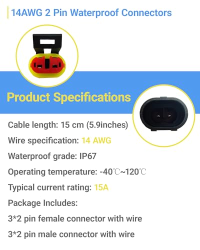 14 AWG 2 Pin Waterproof Connector, 2 Wire Automotive Waterproof Electrical Connectors, 14 Gauge Male and Female Way Connectors Harness 12V Quick Connect for Car Truck Boat Motorcycle -6 Pack - size: 2 Pin