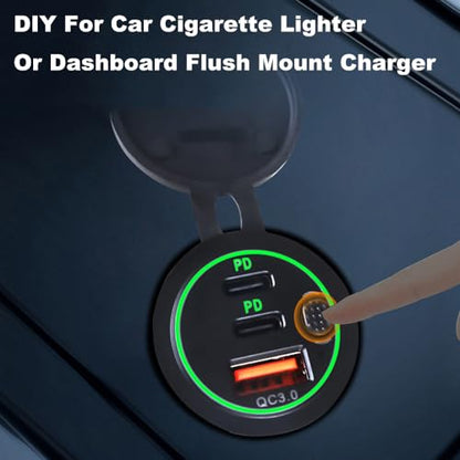 3 Ports 18W USB Car Charger with Switch, 12-24V QC 3.0 USB & Dual PD USB C Cigarette Lighter Socket, Waterproof Dashboard Mount Quick Charger for Car Motorcycle Truck Marine Boat, Green Light - color: Green Light