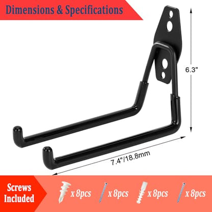 4 Pack Heavy Duty Garage Hooks, Garage Tool Organizer Wall Mount, 7.4 inch Large Square Steel Utility Garage Hooks, Utility Organizer for Ladders, Garden Tools, Bike