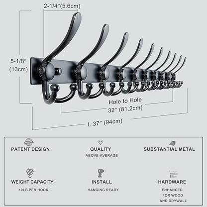 Dseap Coat Rack Wall Mount 37 Inch, Heavy Duty 12-Gauge Base vs Flimsy 1mm, Double-Thick Solid Anti-Snap Hooks, 16” Stud-Mount, Stainless Steel 10-Hook Hanger for Closet Entryway, Black - color: Black, size: L=37" (1pcs)
