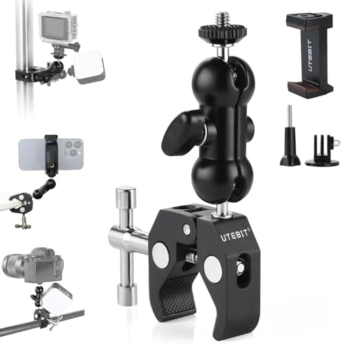UTEBIT Super Clamp Camera Mount with 360° Ballhead Magic Arm, Black | Super Clamp Mount with 1/4" and 3/8" Thread, Desk/Bike/Bicycle/Motorcycle/ Handlebar for GoPro, Phone, Camera, Monitor