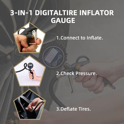 Tire Pressure Gauge with Inflator, 250 PSI Air Chuck and Compressor Accessory, Heavy Duty, with Quick Connector, 0.1 Display Resolution, Car, Motorcycle, SUV, Truck, RV Accessory