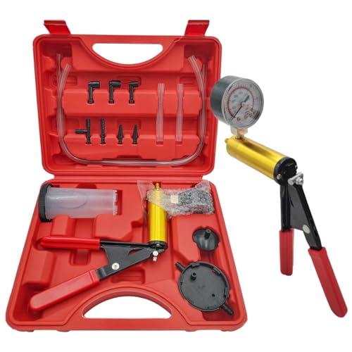 Hand Held Vacuum Pump Brake Bleeder Kit, Brake Bleeder Pressure Tester Hand Vacuum Pump with Gauge Adapters, Brake Fluid Bleeding Set with Protected Case for Car Truck Bike (Red) - color: Red