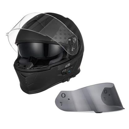 VCAN Bluetooth Integrated Full Face Motorcycle Helmet with Dual Visor - color: Flat Black Flag