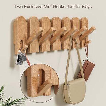 Solid Walnut Coat Rack Wall Mount, 16.5" Wood Wall Mounted Coat Rack with 8 Retractable Hangers,Heavy Duty Wooden Coat Hooks for Hanging Coats,Hats,Robe,Towels,Bags,Key Holder for Entryway,Natural - color: Natural