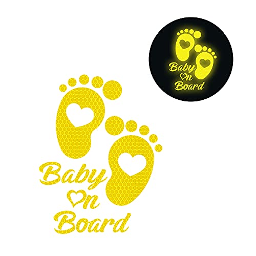 High Intensity Reflective Baby on Board Car Sticker Waterproof Cute Footprint Baby in Car Decal Safety Warning Sign Kids on Board Decal for Car Bumper Window (Yellow) - color: Yellow