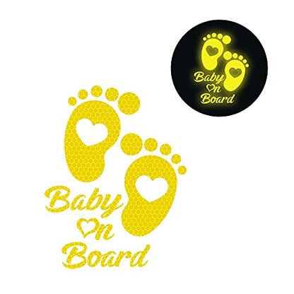High Intensity Reflective Baby on Board Car Sticker Waterproof Cute Footprint Baby in Car Decal Safety Warning Sign Kids on Board Decal for Car Bumper Window (Yellow) - color: Yellow
