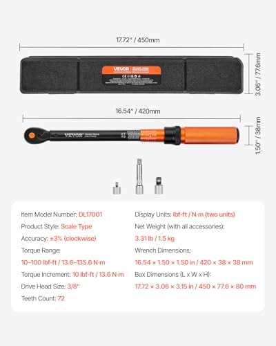 VEVOR 3/8 Inch Drive Torque Wrench, 10-100 ft.lb/13.6-135.6 Nm, Dual-Direction Adjustable Click Torque Wrench with 1/2 & 1/4 adapter, 3" Extension Bar, for Automobile Repair - size: 10-100FT.LB, style: 3/8-inch