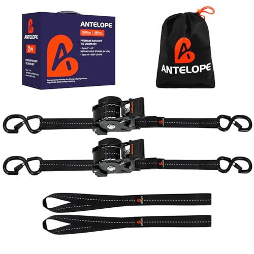 Retractable Ratchet Straps (2PK) - 1 in x 12 ft Automaitc Ratchet Tie Down Straps with Soft Loops, 1500lb Break Strength Self Retracting Strap for Motorcycle, Truck, Cargo, Trailer, ATVs, UTVs -Black - color: Black, size: 2pack