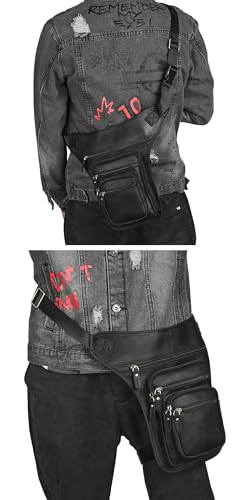 Le'aokuu Mens Genuine Leather Motorcycle Tactic Belt Waist Pack Drop Leg Cross Over Bag - color: 3111 Black