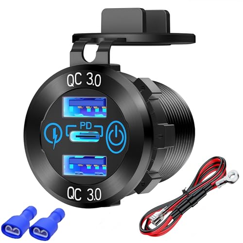 Panel Mount PD USB Car Charger Socket with Fuse Wiring, 65W Lighted Type-C Adapter with ON/OFF Button, Motorcycle 3 Ports QC3.0 USB C Fast Charger 12V Power Outlet for Car Truck RV Marine Boat (Blue) - color: Blue