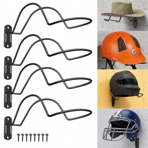 Helmet Wall Mount Display Rack 4-Pack, Heavy Duty Metal Holder for Motorcycle, Football, Baseball, Hockey, Bike & Skateboard Storage, Space Saving Sideways Gear Hanger, Black - size: 4 Pack