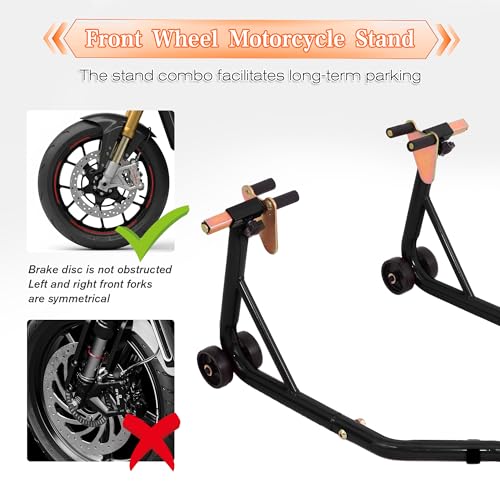 Motorcycle Front and Rear Stand Combo 850 lb Capacity Universal Paddock Stand with Adjustable Fork Widths Heavy Duty Wheel Lift Stand for Sport Bike Cruiser E-Bike