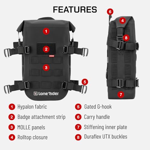 Lone Rider MiniBag 6L Waterproof Motorcycle Crash Bar Bag - with Hypalon MOLLE System, Gated G-Hooks, Cam Buckles - Front Bumper Frame Side Tail Storage - Fits MotoBags, Panniers and Luggage Racks