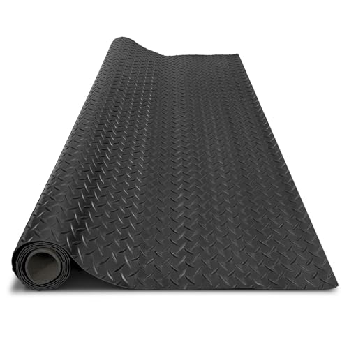 4x8FT Garage Floor Mat, 2.8mm Thickened Flooring Roll for Under Car, Golf Cart Parking Mat, Diamond Plate PVC Rubber Motorcycle Mat, Non-Slip Floor Protector for Garage Warehouse Trailer, Black - color: Black, size: 4*8FT