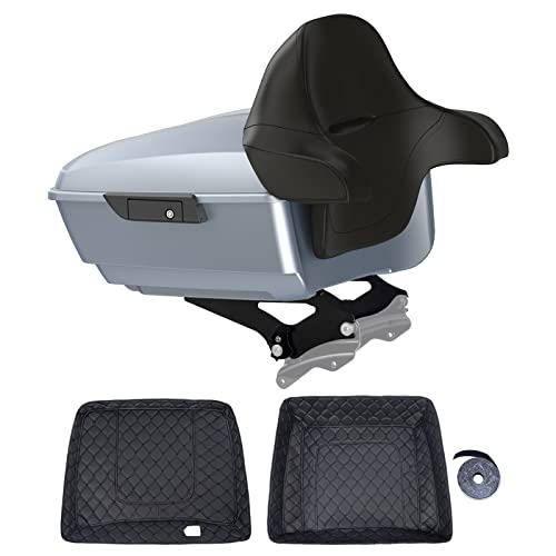 Motorcycle King Tour Trunk Pack For 2009+ Harley Touring - Barracuda Silver Denim, Black Detachable Mounting Rack, Backrest & Black Trunk Liners - color: Barracuda Silver Denim, size: King Tour Trunk Pack, Mount Rack & Black Liners