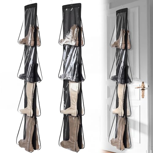 Windyun 16 Pairs Large Clear Pockets Fabric Dual Sided Hanging Shoe Rack for Closets Hanging Shoe Organizer with Rotating Hanger Boot Organizer for Storage Men's and Woman's Boots(Black) - color: Black