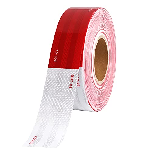 WAENLIR 1 inch x 30Feet Dot Reflective Tape Outdoor Waterproof High Visibility Safety Tape, Red and White Adhesive Conspicuity Tape for Trailer, Cars, Trucks, Cinta reflectiva para camiones - size: 1 inch X 30FT