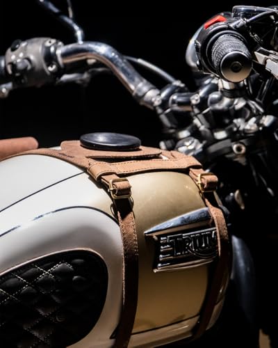 Trip Machine Company Genuine Leather Motorcycle Fuel Tank Strap – Heavy Duty Adjustable Horizontal Tank Mount Cover for Right Side Fuel Inlet Bikes (Only Tank Strap, Brown) - color: Tobacco Brown, style: Only Tank STrap