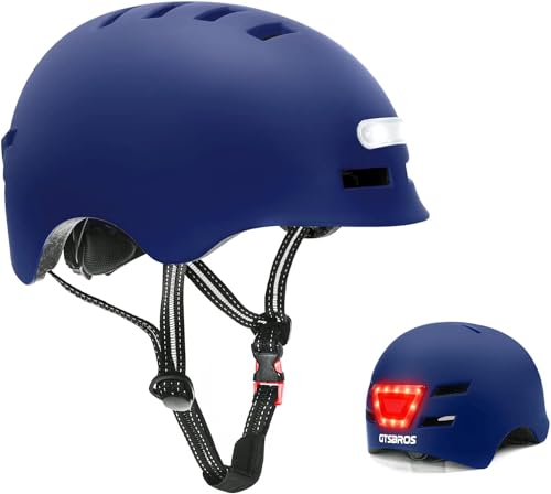 Adult Bike Helmet with LED Lights, Lightweight Adjustable Bicycle Helmet for Men Women, Safety Certified Cycling Helmet for Urban Commuting, Road Cycling, Skateboard and Scooter Riding - color: Navy Blue, size: X-Large 61-64CM