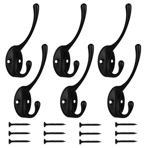 Kruodop 6Pcs Coat Hooks Wall Hooks for Hanging Heavy Duty, Wall Mounted Black Towel Hooks, Metal Single Coat Hanger with Screws Cup Retro for Coats, Handbags, Towels - color: black 6pcs