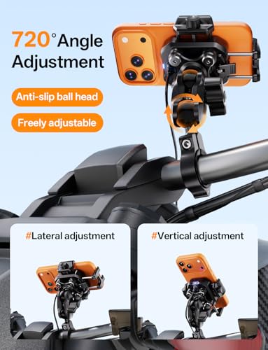 Kewig Motorcycle Phone Mount with Qi 15W Wireless Charger & 36W PD/USB C Fast Charging Port, Anti-Theft Handlebar Cellphone Holder with Vibration Dampener for Bike Scooter ATV, Fit 5.4-7.2" Phone