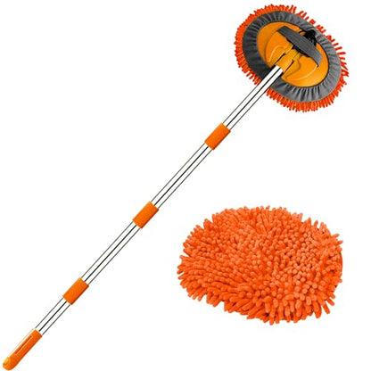 WillingHeart 63" Car Wash Mop Brush Tool Mitt with Long Handle Length More Suitable for Washing American Cars Truck, SUV, RV, Trailer, 2 in 1 Chenille Microfiber Duster Not Hurt Paint Scratch Free - color: Orange
