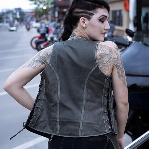 Milwaukee Leather Women's V-Neck Distress Grey Premium Leather Motorcycle Rider Vest w/Side Laces MLL4531 - color: Distressed Grey, size: X-Small