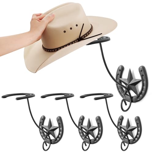 Cowboy Hat Holder for Wall 4 Pack Metal Iron Cowboy Hat Rack Western Hat Hanger Horseshoe Hooks Storage Cowboy Hat Organizer Display Closet Living Room Western Gifts Wall Decor Black - color: Black, size: 4 Pack