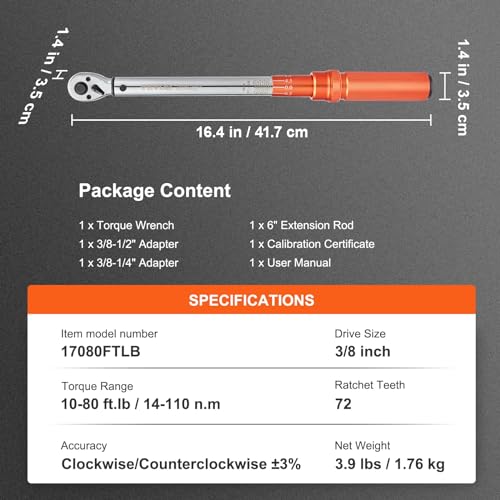 VEVOR 3/8-inch Drive Click Torque Wrench 10-80ft.lb/14-110n.m, Dual-Direction Adjustable Torque Wrench Set with Mechanical Dual Range Scales and Adapters Extension Rod - size: 10-80 FT.LB, style: 3/8-inch