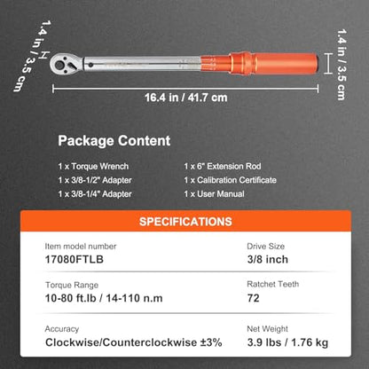 VEVOR 3/8-inch Drive Click Torque Wrench 10-80ft.lb/14-110n.m, Dual-Direction Adjustable Torque Wrench Set with Mechanical Dual Range Scales and Adapters Extension Rod - size: 10-80 FT.LB, style: 3/8-inch