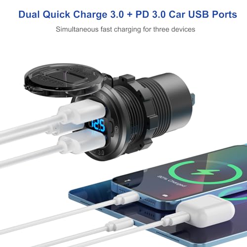 12V USB Outlet Boat Accessories Marine Switch Panel Plug, PD3.0 and Dual QC3.0 USB Ports Aluminum Car Charger with Voltmeter, Lighted 150W Cigarette Lighter Socket and Toggle Switch 3 in 1 DIY Kit - color: Charger+Socket+Switch