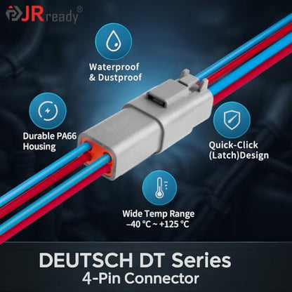 JRready ST6327-402 Deutsch DT Connector 4 Pin 8 Sets, Size 16 Stamped Contacts 14-18AWG, Waterproof Sealed Connectors for Lights, Fans, Pumps, Trucks, Off-Road, Marine, Motorcycle - size: 4-Pin (8 Pairs)
