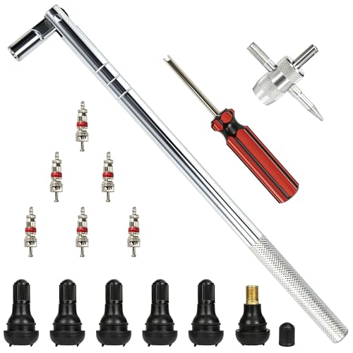 ecocstm Valve Stem Puller Installer Tool, Tire Valve Stem Removal Tool, 6 PCS TR412 Snap-in Tire Valve Stems with 6 PCS Valve Cores, 4 Way Valve Core Remover and Single Head Valve Core Tool (15 PCS)