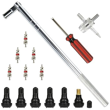 ecocstm Valve Stem Puller Installer Tool, Tire Valve Stem Removal Tool, 6 PCS TR412 Snap-in Tire Valve Stems with 6 PCS Valve Cores, 4 Way Valve Core Remover and Single Head Valve Core Tool (15 PCS)