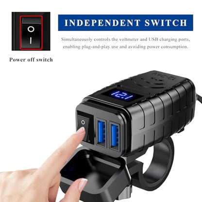 Motorcycle USB Charger, Dual Port Quick Charge 3.0 Motorcycle Charger with Voltmeter & ON/Off Switch, Waterproof Quick Disconnect SAE to USB Adapter for Phones Tablets GPS