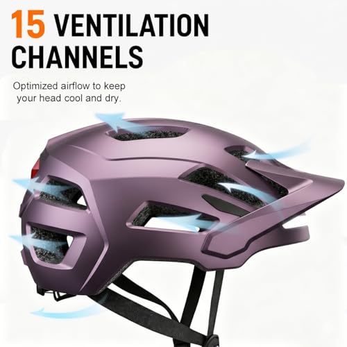 Bike Helmet, Helmets for Adults Men, Front and Back LED Lights Safe Certified MTB Road Bicycle Helmet with Adjustable Brim - color: Purple, size: M (55-58cm)