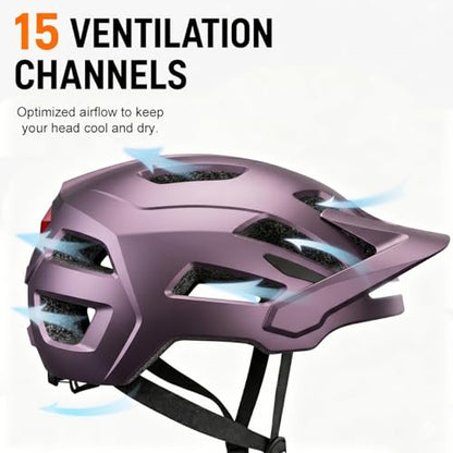 Bike Helmet, Helmets for Adults Men, Front and Back LED Lights Safe Certified MTB Road Bicycle Helmet with Adjustable Brim - color: Purple, size: M (55-58cm)